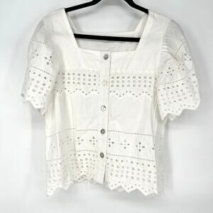 Nicole Miller Artelier White Eyelet Button Front Blouse Scallop Hem S